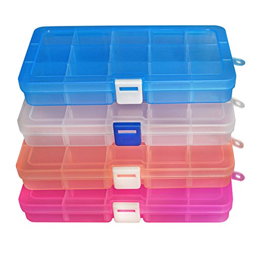 DUOFIRE Ajustable Caja de Almacenamiento de Plástico Joyería Organizador Contenedor de Herramientas (15 Compartimientos x 4, 4 Colores)