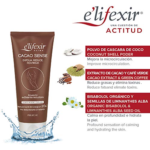 Elifexir Cacao Sense, Exfoliante Corporal, Reductor y Reafirmante, Mejora Luminosidad y Alisamiento, Reduce Grasas, Calma e Hidrata la Piel con Textura Ligera, Testado Dermatológicamente, 200ml