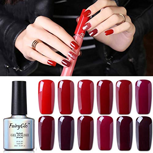 Esmalte de Uñas Semipermanentes Set de Uñas Pintauñas Manicura Semipermanente Color Uñas de Gel UV LED Soak Off 12pcs 10ml de Fairyglo - Rojo Vino kit 002