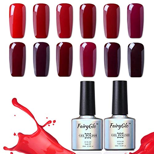 Esmalte de Uñas Semipermanentes Set de Uñas Pintauñas Manicura Semipermanente Color Uñas de Gel UV LED Soak Off 12pcs 10ml de Fairyglo - Rojo Vino kit 002