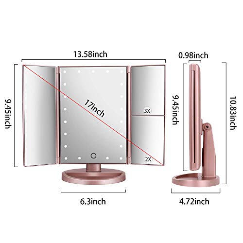 Espejo de Maquillaje con LED, Iluminado Espejo de Mesa Luz con Ampliación 1X / 2X / 3X Plegable Espejo de la Vanidad Rotación 180° Pantalla Táctil Espejo Cosmético para Hombre y Mujer (Oro Rosa)