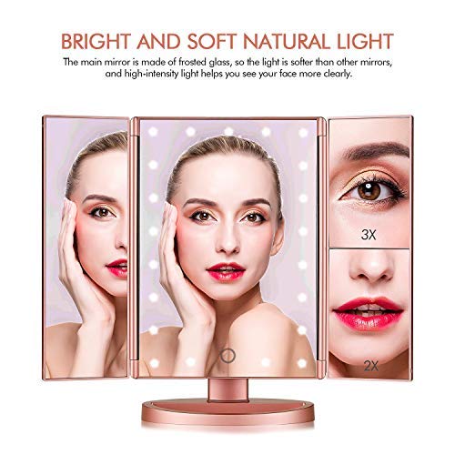 Espejo Maquillaje con Luz,HOMI Profesional Espejo Cosmético 1X, 2X,3X Iluminacíon 21 Led Pantalla táctil Lámparas,Plegable Lámpara LED 180° Rotación Coméstico con Mostrador,Mejor Regalo (Oro Rosa)