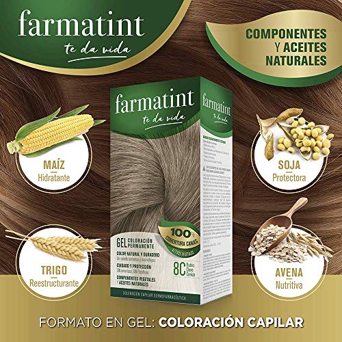 Farmatint Gel 8C Rubio Claro Ceniza | Color natural y duradero | Componentes vegetales y aceites naturales | Sin amoníaco | Sin parabenos | Dermatológicamente testado