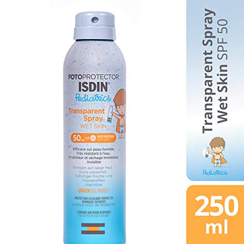 Fotoprotector ISDIN Pediatrics Transparent spray Wet Skin SPF 50 - Protector solar corporal para niños, invisible, ligero, para piel mojada, 250 ml