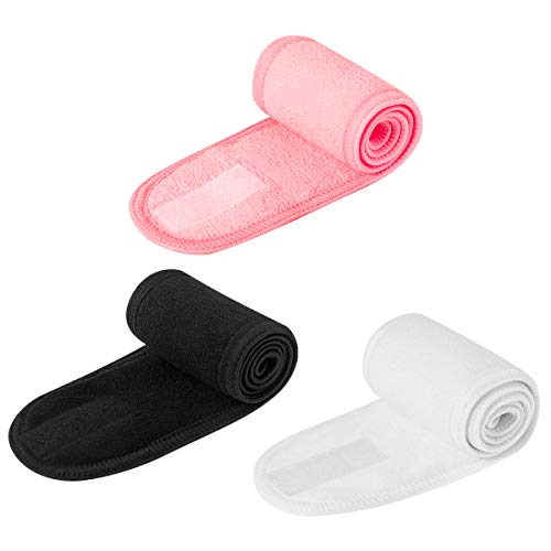 Frcolor 3Pcs Spa Facial Diadema Maquillaje Baño Deporte Envoltura para la cabeza Terry Cloth Diadema Estiramiento Toalla con cinta mágica para lavarse la cara (Blanco, Negro, Rosa)