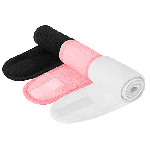 Frcolor 3Pcs Spa Facial Diadema Maquillaje Baño Deporte Envoltura para la cabeza Terry Cloth Diadema Estiramiento Toalla con cinta mágica para lavarse la cara (Blanco, Negro, Rosa)