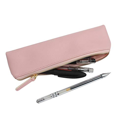 Fyore - Estuche de piel de lujo, diseño delgado con cremallera metálica, tamaño de bolsillo para bolígrafo y brocha de maquillaje, color rosa 20*5*4.4cm