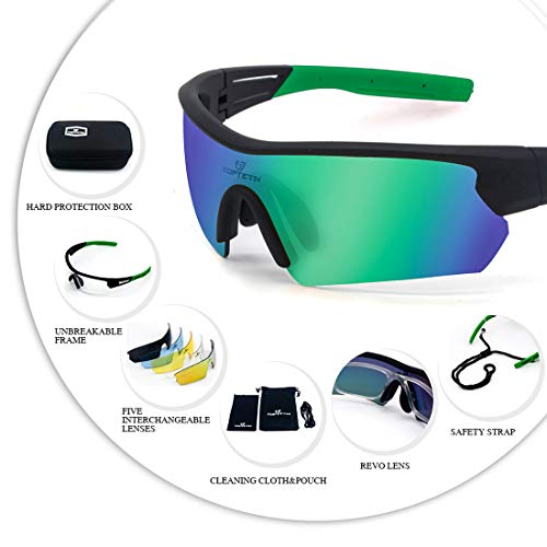 Gafas Ciclismo Polarizadas con 5 Lentes Intercambiables Gafas de Sol Deportivas Antivaho Antireflejo Anti Viento y UV Adaptadas a Deporte Carrera Running Bicicleta MTB para Hombre y Mujer (Verde)