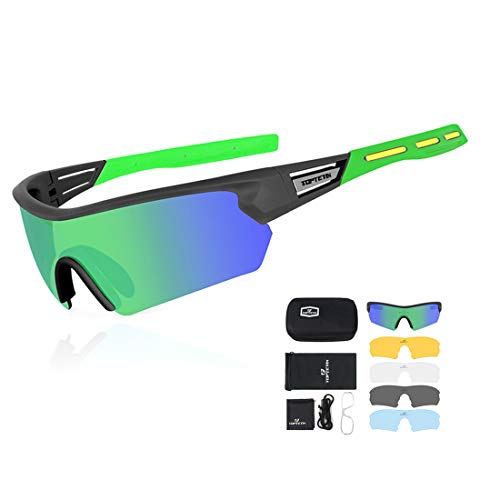 Gafas Ciclismo Polarizadas con 5 Lentes Intercambiables Gafas de Sol Deportivas Antivaho Antireflejo Anti Viento y UV Adaptadas a Deporte Carrera Running Bicicleta MTB para Hombre y Mujer (Verde)