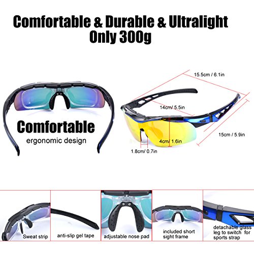 Gafas de Ciclismo Unisex Gafas de Sol de Deportivas Bici Polarizadas 5 Lentes Intercambiables para Hombre y Mujer Deporte Bicicleta Ciclismo Montaña MTB Conducir Pesca Ski Esquiar Golf Correr (Azul)