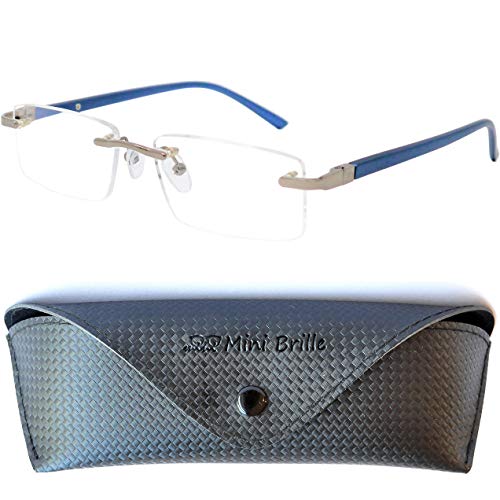 Gafas de Lectura Montura al Aire con Cristales Rectangulares, Funda GRATIS, Montura de Acero Inoxidable (Azul), Gafas Para Leer de Hombre y Mujer,+1.5 Dioptrías