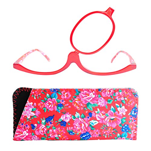 Gafas de Maquillaje, Gafas Para Maquillarse con Lente Abatible,Gafas con Lente que Gira Para Ayudarte con el Maquillaje con Funda Gratuita, Dioptrías +2.5(Rojo)