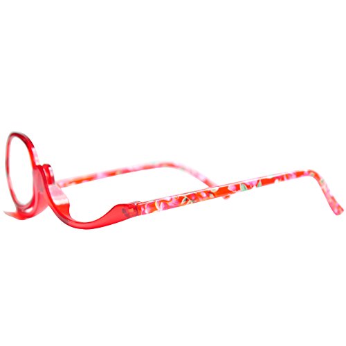 Gafas de Maquillaje, Gafas Para Maquillarse con Lente Abatible,Gafas con Lente que Gira Para Ayudarte con el Maquillaje con Funda Gratuita, Dioptrías +2.5(Rojo)