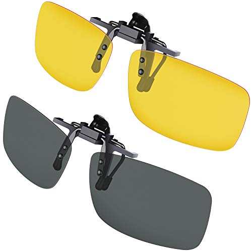 Gafas de sol con clip, Gritin [2 unidades/día + noche visión] Gafas de sol polarizadas UV400 para hombre y mujer, ajuste cómodo y seguro sobre gafas de sol para conducción y al aire libre