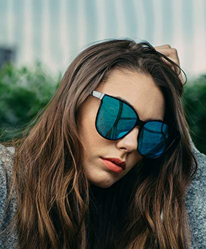 Gafas de sol estilo ojo de gato extragrandes con lentes de protección 100% UV polarizadas para las mujeres que conducen gafas de moda (Marco Negro/Lente Azul)