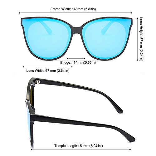 Gafas de sol estilo ojo de gato extragrandes con lentes de protección 100% UV polarizadas para las mujeres que conducen gafas de moda (Marco Negro/Lente Azul)