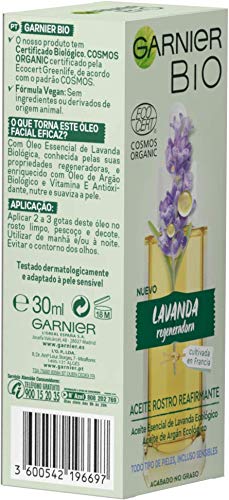 Garnier BIO Aceite de Rostro Reafirmante con Aceite Esencial Lavanda y de Argán Ecológicos y Vitamina E - 30 ml