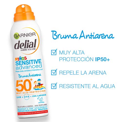 Garnier Delial Niños Sensitive Advanced Spray Protector Solar Anti-Arena para Pieles Claras, Sensibles, Alta Protección IP50+ - 200 ml