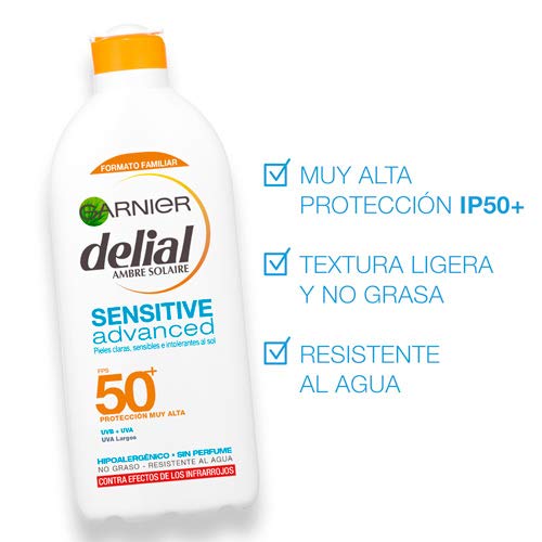 Garnier Delial Sensitive Advanced Leche Solar para Pieles Claras, Sensibles e Intolerantes al Sol, Alta Protección IP50+ - 400 ml