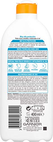 Garnier Delial Sensitive Advanced Leche Solar para Pieles Claras, Sensibles e Intolerantes al Sol, Alta Protección IP50+ - 400 ml