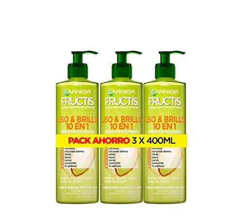 Garnier Fructis Liso & Brillo 10 en 1 Crema Sin Aclarado para Pelo Liso, Rebelde, Difícil de Alisar - 3 Unidades x 400 ml