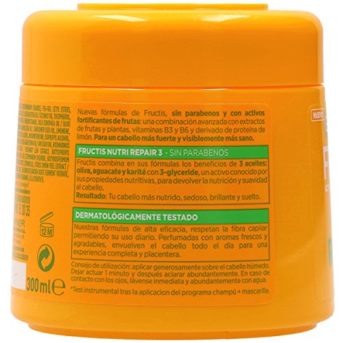 Garnier Fructis Nutri Repair 3 Mascarilla Fortificante que Nutre y Suaviza, con 3-Glyceride y Aceites de Oliva, Aguacate y Karité - 300 ml