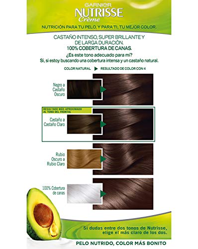 Garnier Nutrisse Creme Coloración Nutritiva Permanente, Tinte 100% Cobertura de Canas con Mascarilla Nutritiva de 4 Aceites - Tono 4 Castaño