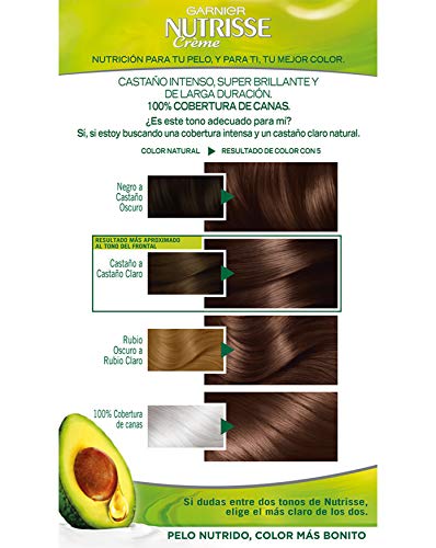 Garnier Nutrisse Creme Coloración Nutritiva Permanente, Tinte 100% Cobertura de Canas con Mascarilla Nutritiva de 4 Aceites - Tono 5 Castaño Claro