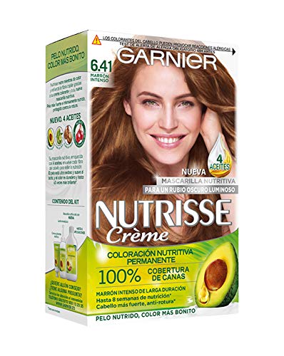 Garnier Nutrisse Creme Coloración Nutritiva Permanente, Tinte 100% Cobertura de Canas con Mascarilla Nutritiva de 4 Aceites - Tono 6.41 Marrón Intenso