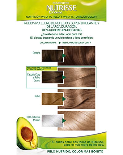 Garnier Nutrisse Creme Coloración Nutritiva Permanente, Tinte 100% Cobertura de Canas con Mascarilla Nutritiva de 4 Aceites - Tono 7 Rubio