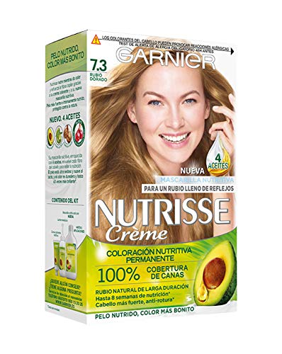 Garnier Nutrisse Creme Coloración Nutritiva Permanente, Tinte 100% Cobertura de Canas con Mascarilla Nutritiva de 4 Aceites - Tono 7.3 Rubio Dorado