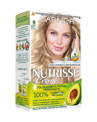 Garnier Nutrisse Creme Coloración Nutritiva Permanente, Tinte 100% Cobertura de Canas con Mascarilla Nutritiva de 4 Aceites - Tono 9 Rubio muy Claro