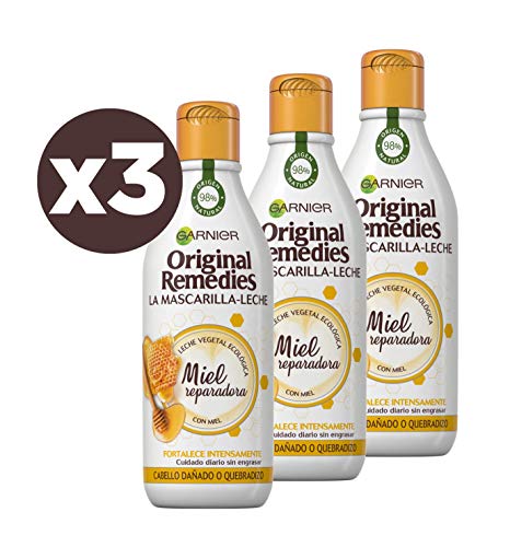 Garnier Original Remedies La Mascarilla - Leche Miel reparadora para pelo dañado y quebradizo - Pack de 3 x 250 ml