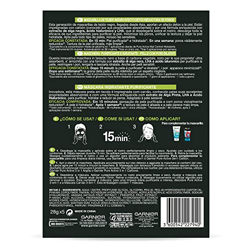 Garnier Skin Active - Black Mask Tissu Pure Charcoal, mascarilla de tejido con carbón y extracto de alga negra para pieles con poros dilatados, 5 unidades