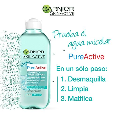 Garnier Skin Active - Pure Active Agua Micelar, Pieles Mixtas y con Imperfecciones, 400 ml