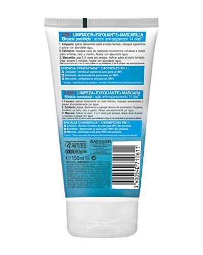 Garnier Skin Active Pure Active Gel 3 en 1 para Pieles Mixtas a Grasas Limpiador, Exfoliante y Mascarilla, 150 ml