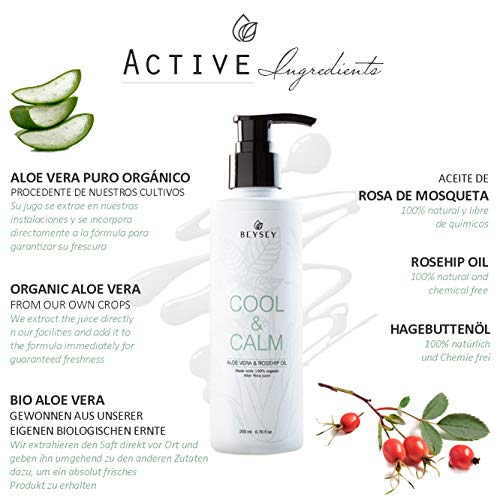 Gel de Aloe Vera Puro 100% ORGÁNICO con Aceite de Rosa de Mosqueta - Crema Corporal Hidratante/Aftersun/Post Depilación - Refrescante, Calmante, Antiinflamatoria - COOL&CALM de Beysey 200ml