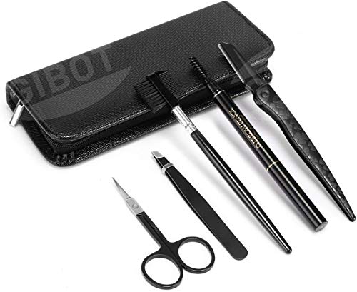 GiBot Pinzas Cejas, 5pcs Pinzas para cejas, Tijeras para cejas, Peine para cejas, Lápiz para cejas, Maquinilla de afeitar para cejas y Estuche de viaje para mujeres y hombres, Negro