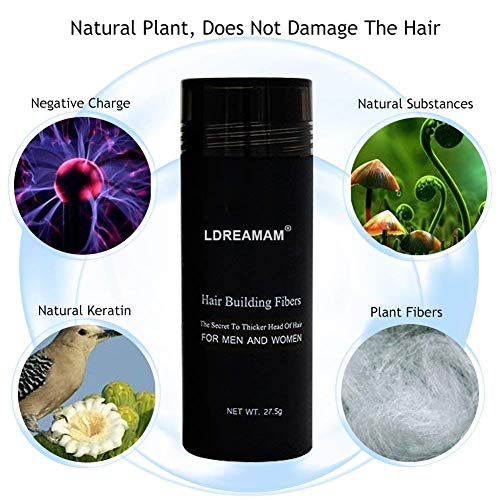 Hair Building Fibers Densificador de cabello, cabello fino y escaso, zonas de calvicie, efecto visible inmediato gracias a las microfibras de queratina natural, para hombres y mujeres, negro, 27,5 g.