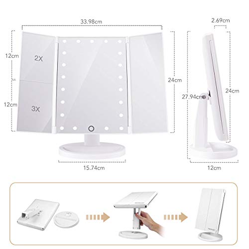 HAMSWAN Espejo de Mesa, [Regalos Originales] Espejo de Maquillaje Tríptico con Aumento 1x, 2X, 3X, Espejo Cosmético Pantalla Táctil en Iluminacíon 21 Led, Carga con USB o Batería, Adjustable 180º