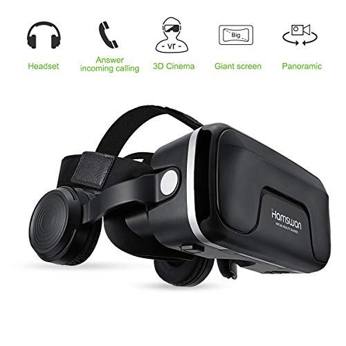 HAMSWAN Gafas de Realidad Virtual con Auriculares, [Regalos] 3D VR Googles con Auriculares Incorporados, Visión de 360 Grados, FOV Botón, Multifunción para Los Móviles de Pantalla 4.0-6.0 Pulgadas