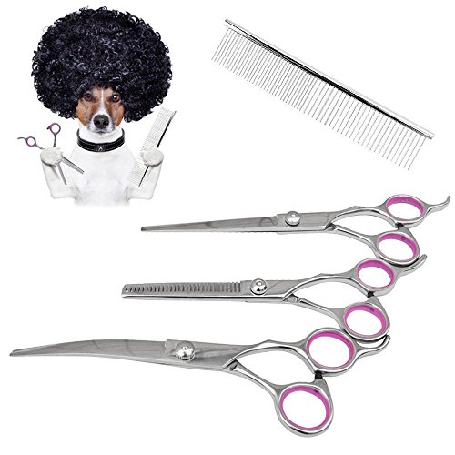 HARPIMER Tijeras de Perro, 4 Juegos de Perro Tijeras de preparación, de Acero Inoxidable Profesional de Mascotas Grooming Tijeras Juegos Traje de casa de Corte Curvado Tijeras de Adelgazamiento