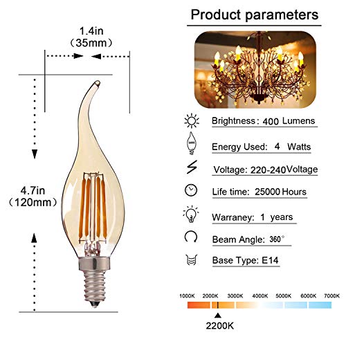 Hcnew 6 Pack E14 Flame Tip LED Bombilla de vela de filamento, C35 4W - 40W Bombillas incandescentes Equivalente Super cálido blanco 2200K Edison pequeño Bombilla de vela ámbar, no regulable