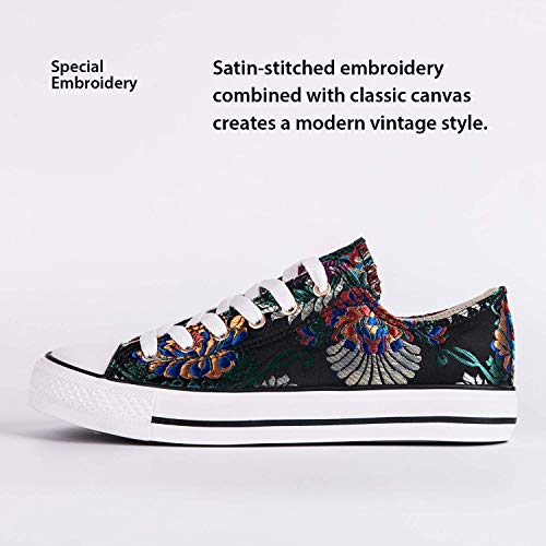 HotRoad Mujer Bordado Canvas Calzado Mujer Deportiva Casual Bajos Negras Mujer Zapatillas Flores Mujer Tenis Zapatillas Negro, Bordado de Flores / 38 EU