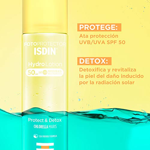 ISDIN HydroLotion SPF 50 - Fotoprotector solar Corporal Bifásico, PROTECT & DETOX, Hidratante, Piel radiante, 200 ml