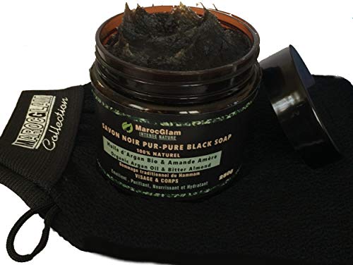 Jabón negro marroquí con aceite de argán Bio y almendras amargas, 250g, 100% Beldi natural. Mundialmente famoso antiarrugas. Exfoliación con jabón negro para pieles suaves, RICO en vitamina E