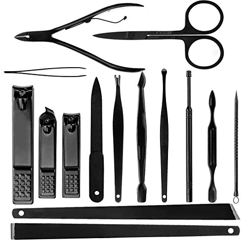 JamBer 15 en 1 set manicura profesional de manicura de acero inoxidable Kit de aseo de tijeras cortaúñas, negro