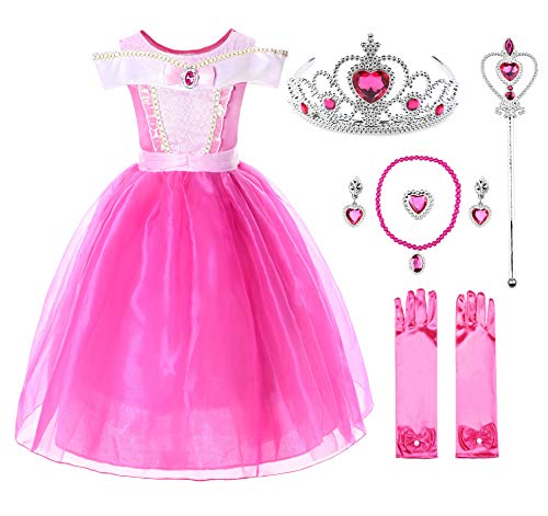 JerrisApparel Niña Princesa Aurora Disfraz Vestir Bella Durmiente Vestito (5 años, por la Tobillo con Accesorios)