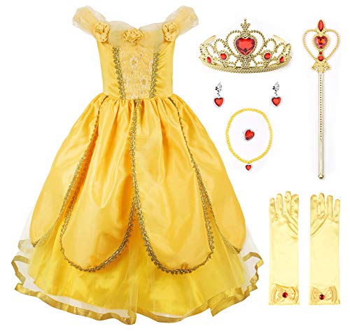 JerrisApparel Niña Princesa Belle Disfraz Tul Fiesta Trajes Vestido (5 años, Amarillo 1 con Accesorios)