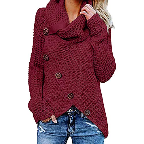 Jerseys De Punto para Mujer Cuello de Tortuga Manga Larga Suelto Prendas de Punto Suéter Irregular Jerséis Collar de la Pila Tops Cálido Otoño Invierno riou (z-Wine Red, S)